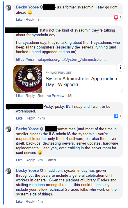 Screenshot of a FB comment thread, with names blocked out except for Becky. The comment thread contains someone mansplaining what a true sysadmin is, and a rebuttal from Becky.